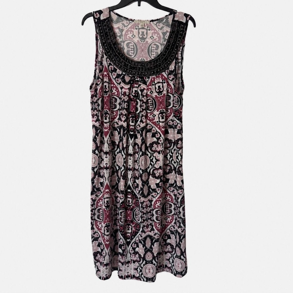 Haani Woman Shift Dress 2X Burgundy Black Geometric Beaded Neck Sleeveless